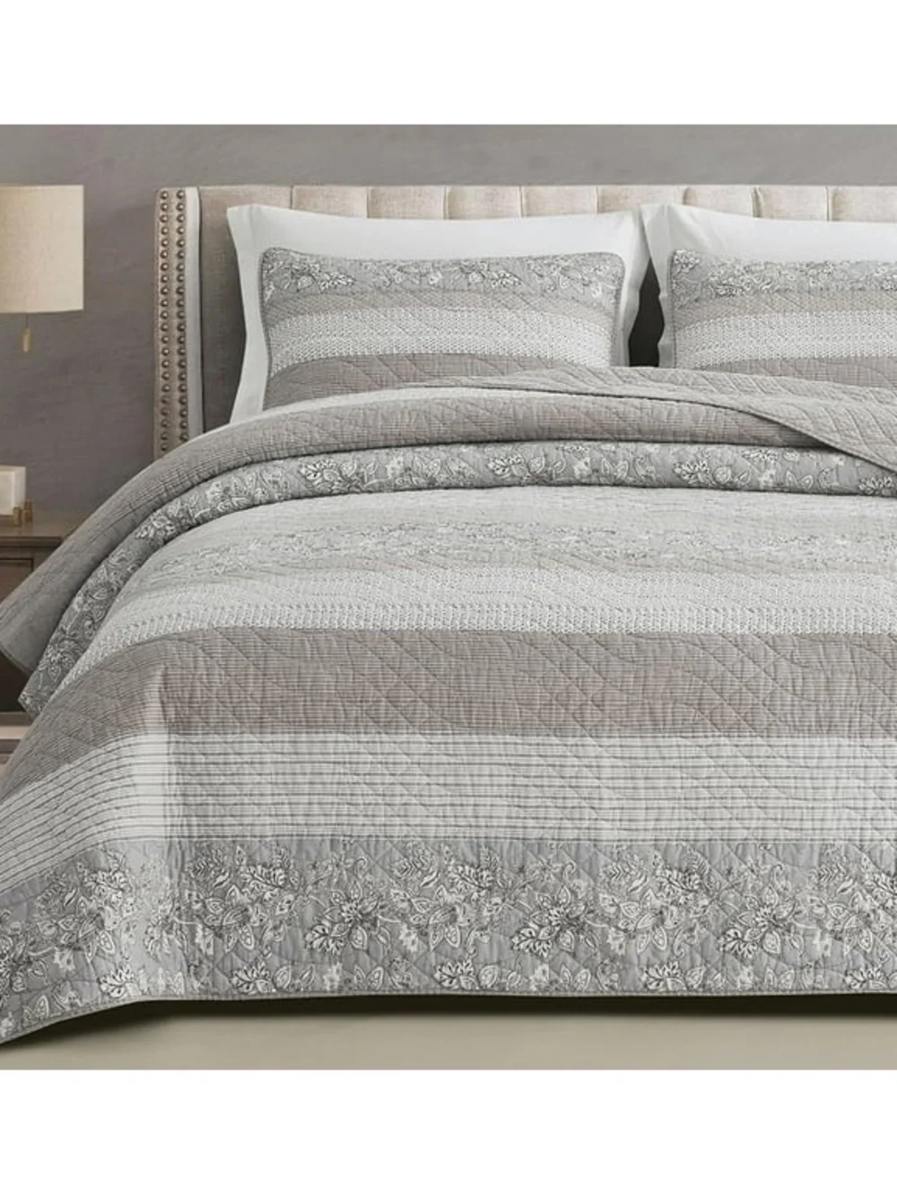 Gray Quilted Stripe oversized king Bedspread Set 100% cotton